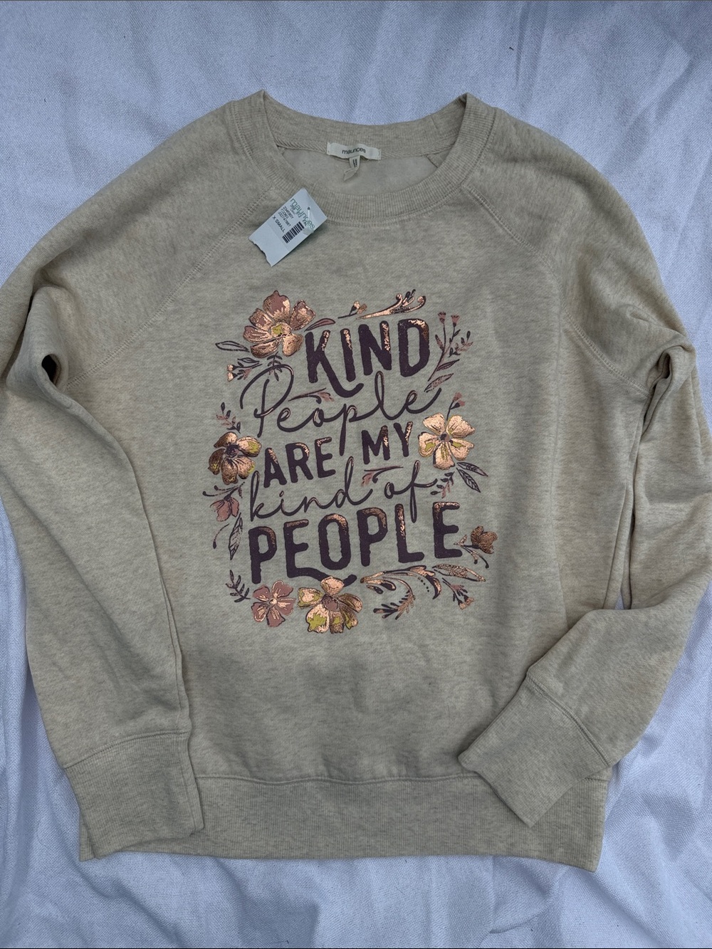 Maurices Beige Graphic Crewneck Sweatshirt with Floral Metallic Accents